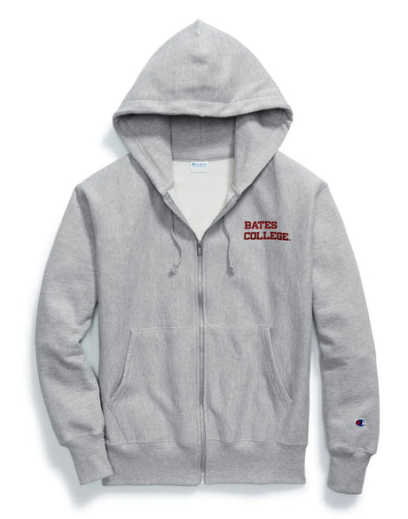 Full Zip Grey Reverse Weave BATES COLLEGE Hoodie Sweatshirt from Champion